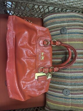 Coach Patent Leather Madison Sabrina Tote in Bright Orange with Gold Hardware